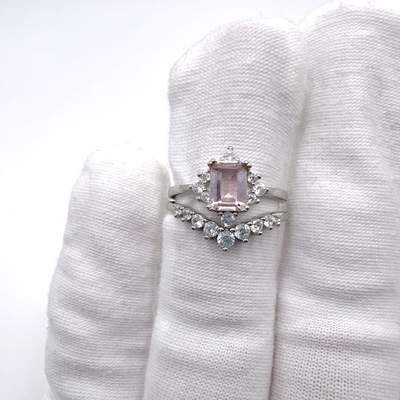 .925 Sterling Silver Light Morganite Cz & Clear Cz 2 PC Ring Set - Picture 9 of 17